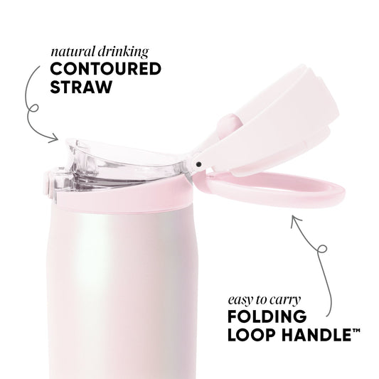 Soft pink insulated tumbler with folding loop handle and lid, featuring a natural tan straw with visible texture on clean background.