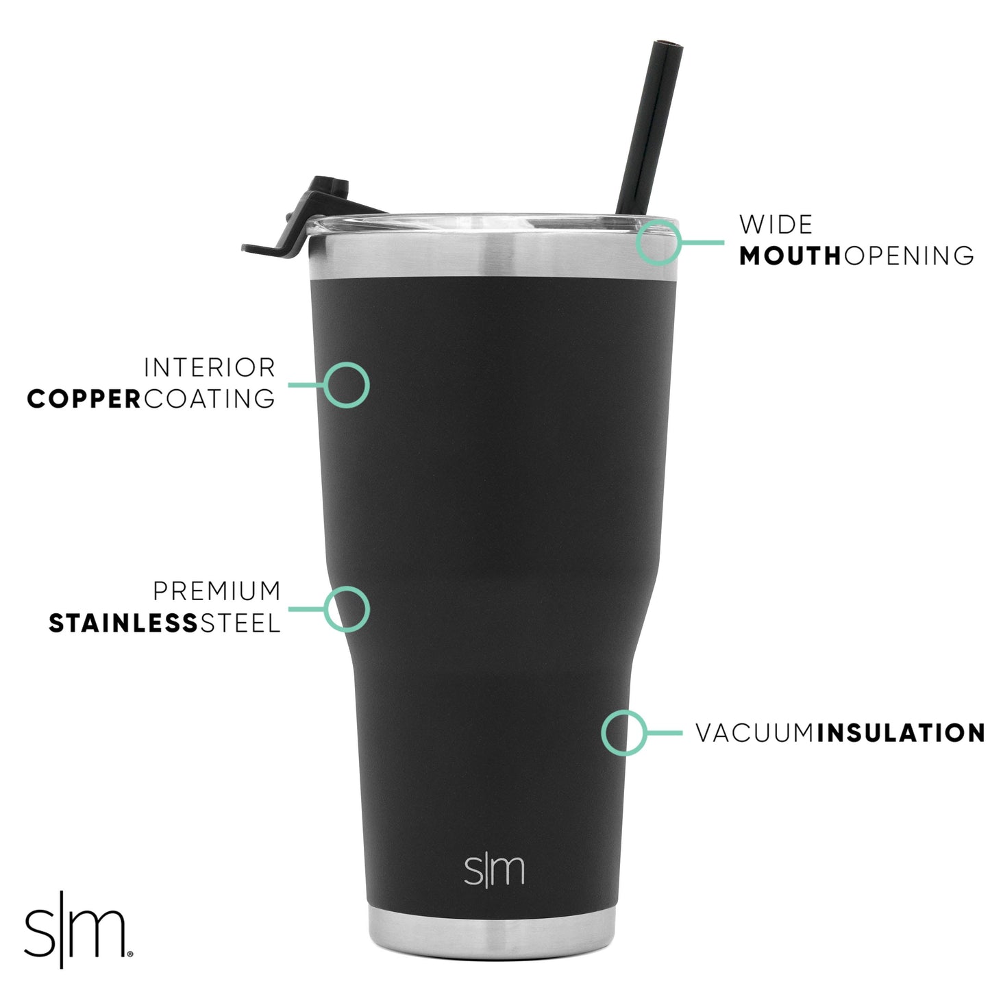 Black matte stainless steel tumbler with silver-tone rim and base against dark background