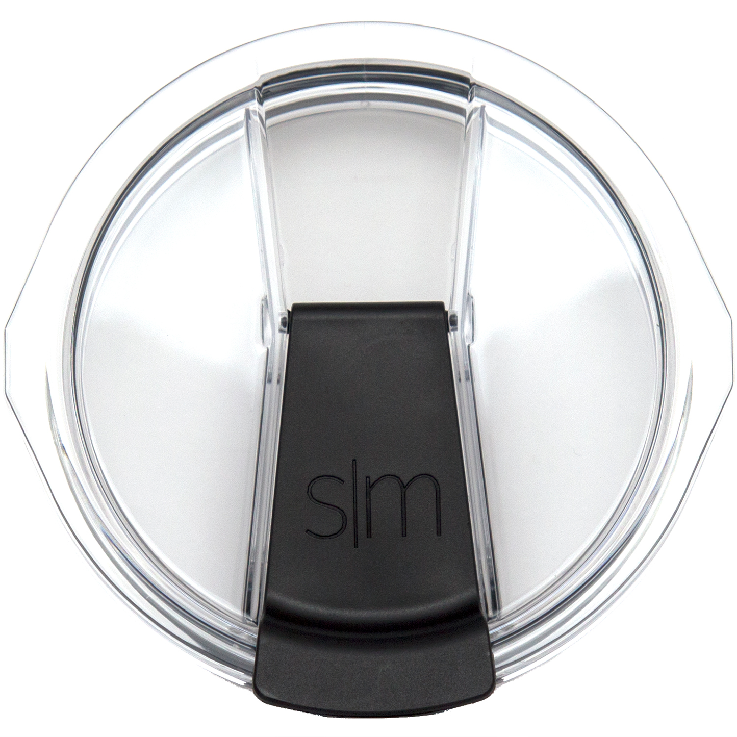 Transparent plastic or glass lid with black base component, product packaging detail shot.