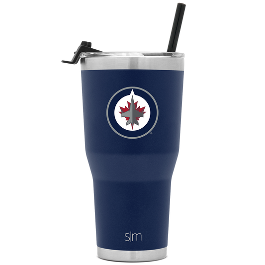 Deep navy blue tumbler with brushed stainless steel silver gray bands on top and bottom edges