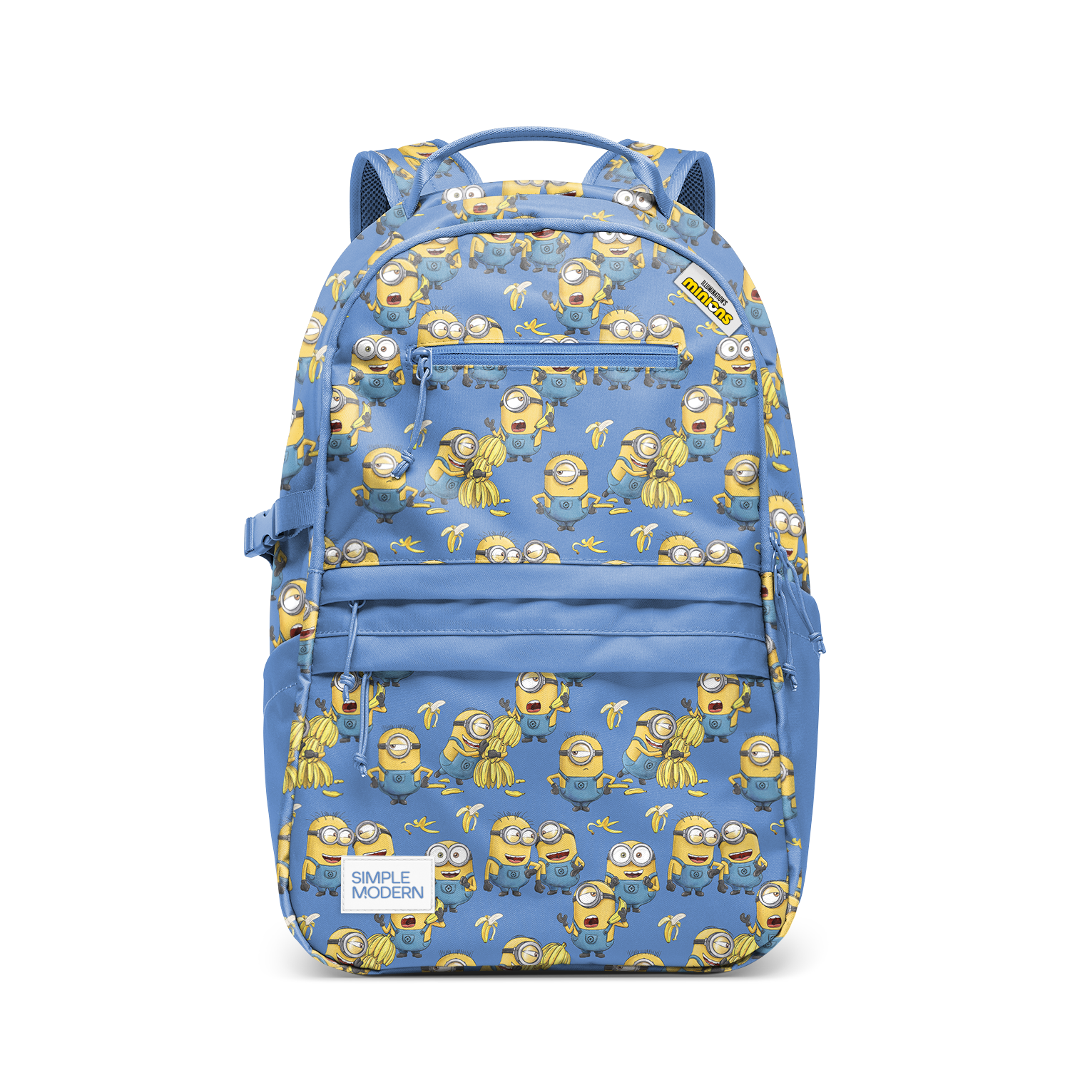 Periwinkle blue backpack with bright golden yellow and mustard yellow patterned accents