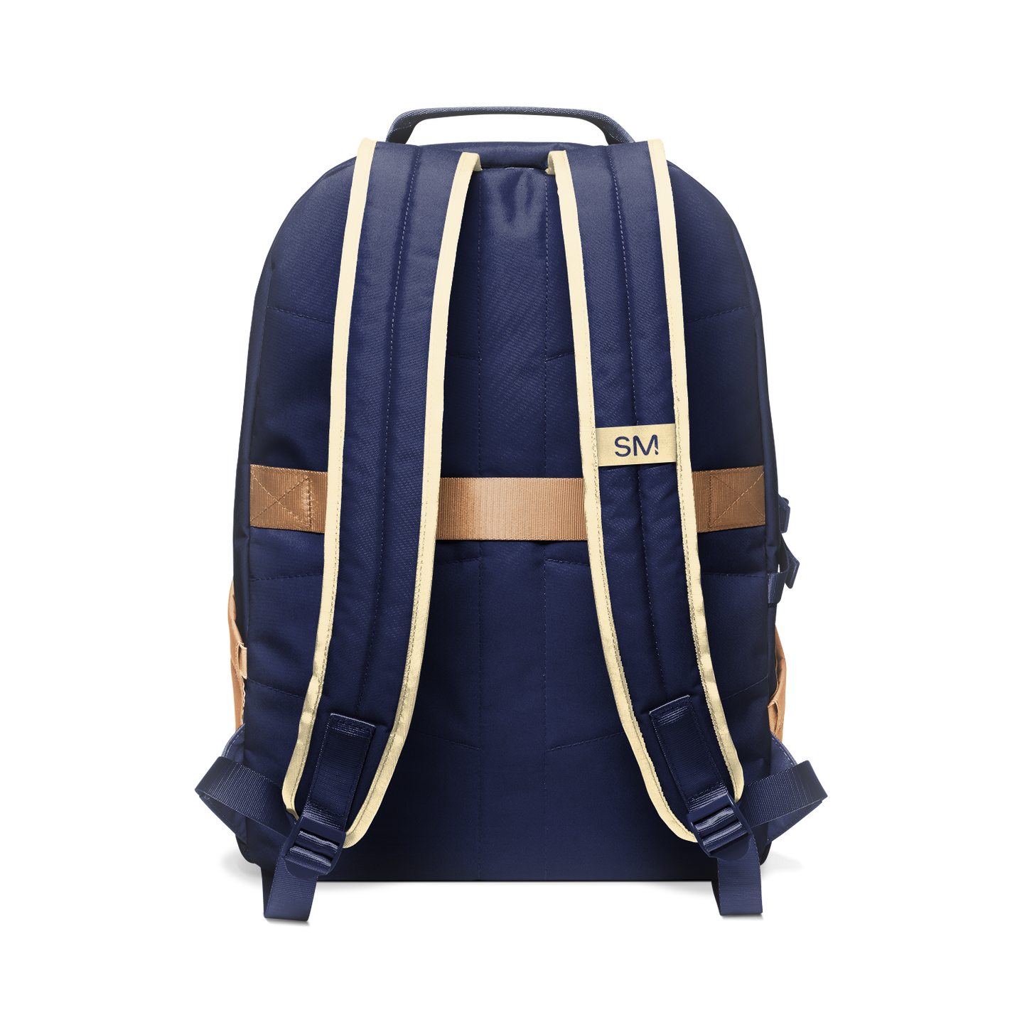 Navy blue backpack with tan and cream shoulder straps and handles