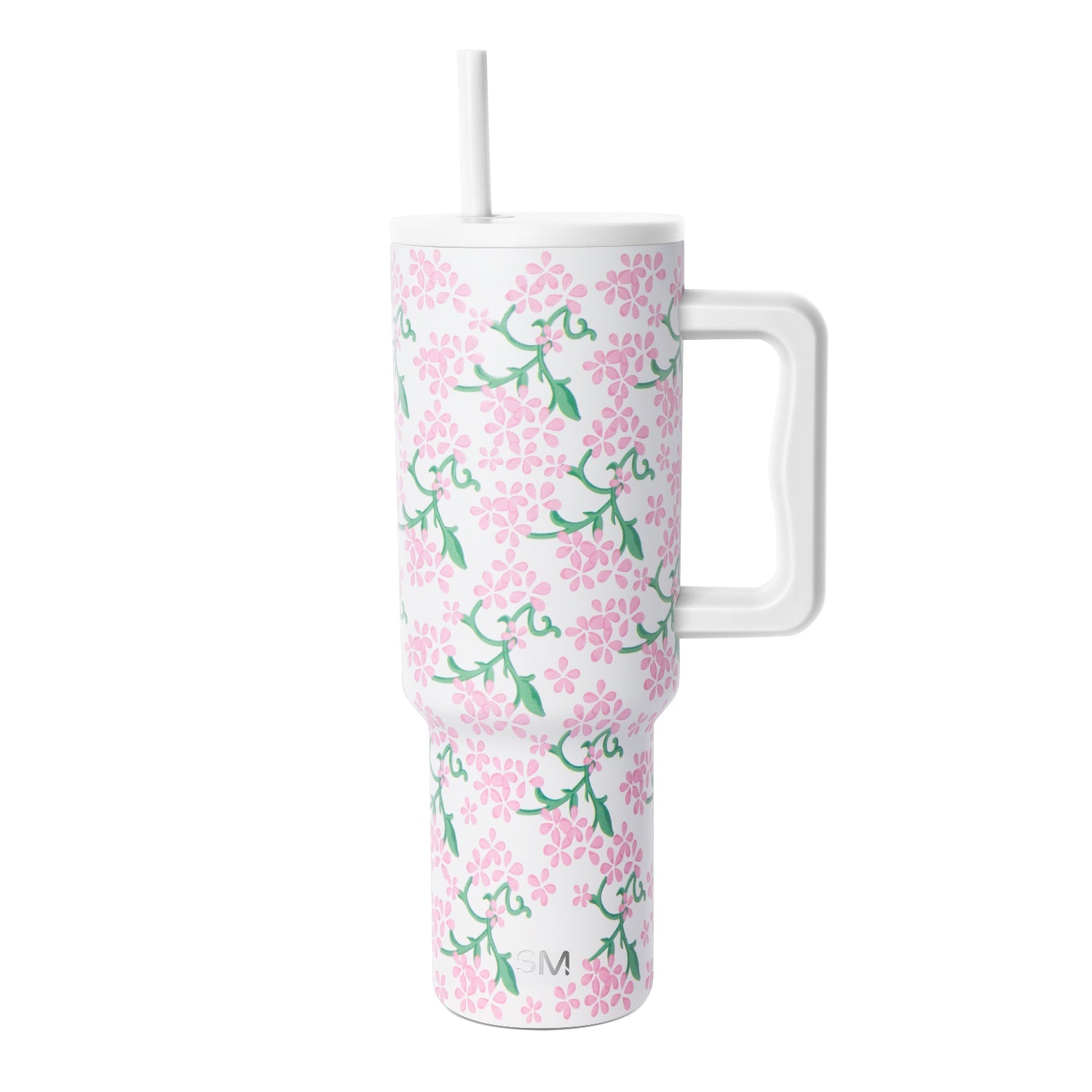 White insulated tumbler with handle and lid featuring pink flowers and green foliage pattern, Simple Modern logo, against white background.