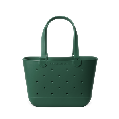 Forest green canvas tote bag with handles displayed against a white background, featuring a muted sage tone color finish.
