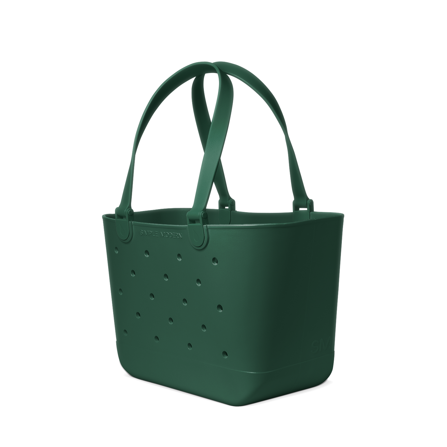 Deep forest green tote bag with white background, featuring minimalist design elements