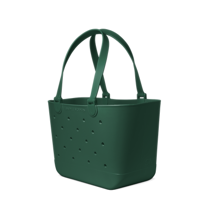 Deep forest green tote bag with white background, featuring minimalist design elements