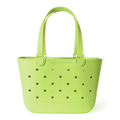Lime green perforated tote bag with long padded handles and metal hardware, featuring Simple Modern branding, shown against white background.