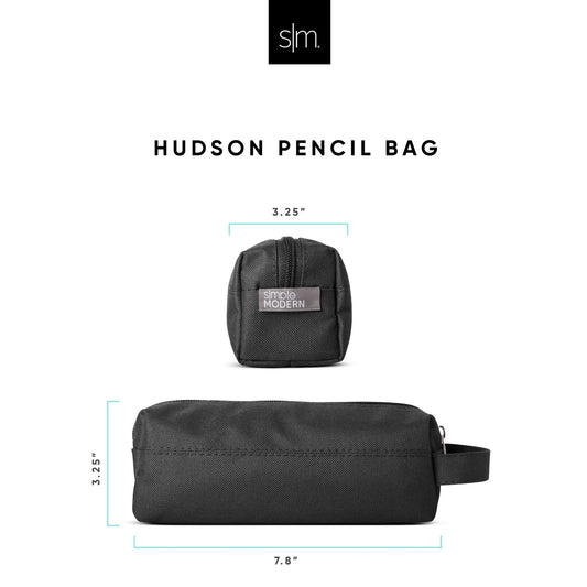 Charcoal gray and black pencil bags with textured fabric displayed against a white background with light cyan accents.