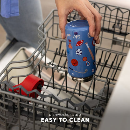 Blue SM Summit 2.0 14-ounce insulated tumbler with sports-themed print being placed in a dishwasher, labeled "dishwasher safe" and "easy to clean"