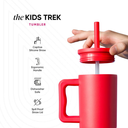 Bright coral-red Kids Trek tumbler by Simple Modern held by a child's hand, showing features: captive silicone straw, ergonomic handle, dishwasher safe, and spill-proof lid. White background with product icons.