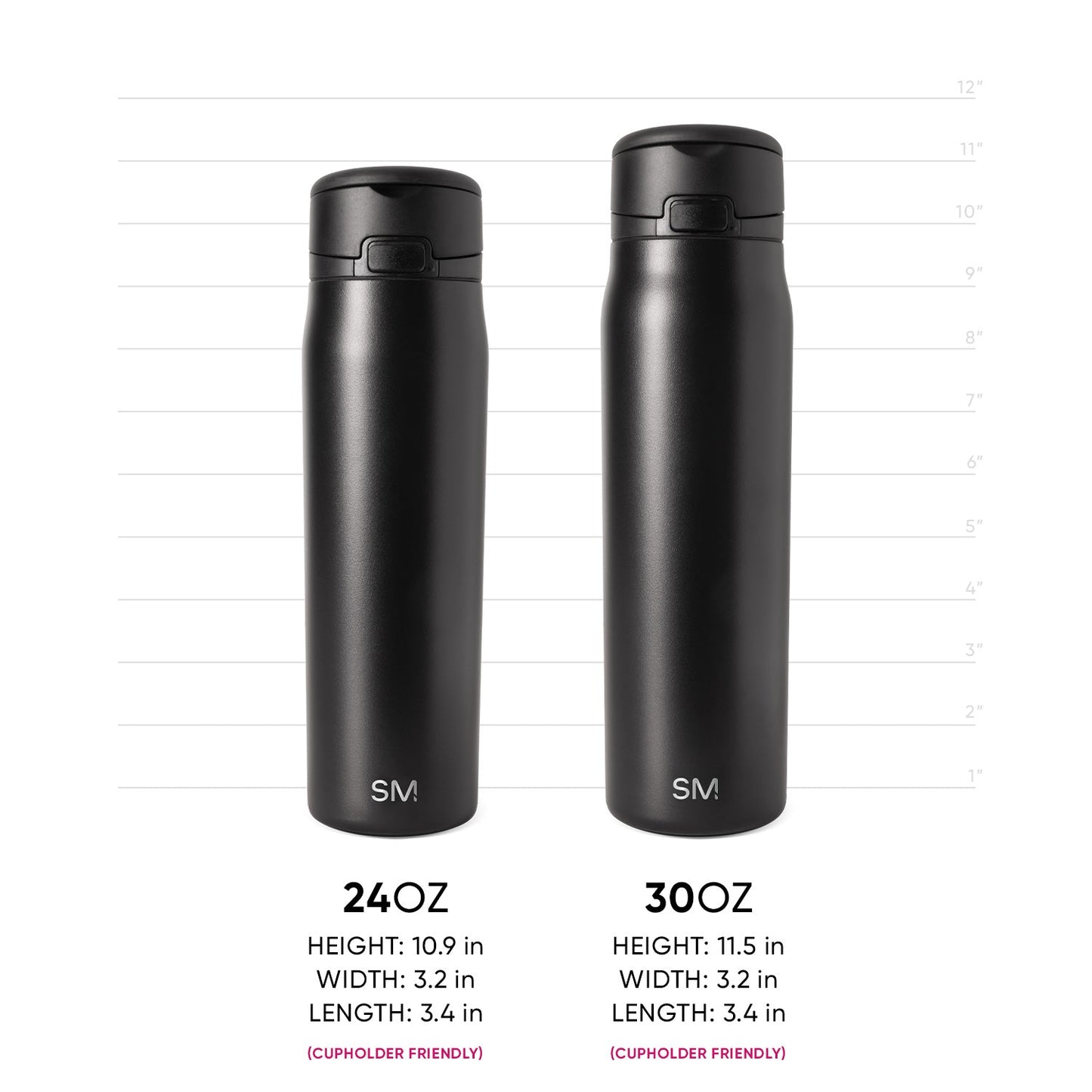 Two Simple Modern insulated water bottles shown side-by-side with measurement scale. Left: 24oz bottle, 10.9"H x 3.2"W x 3.4"L. Right: 30oz bottle, 11.5"H x 3.2"W x 3.4"L. Both charcoal gray, cupholder friendly.