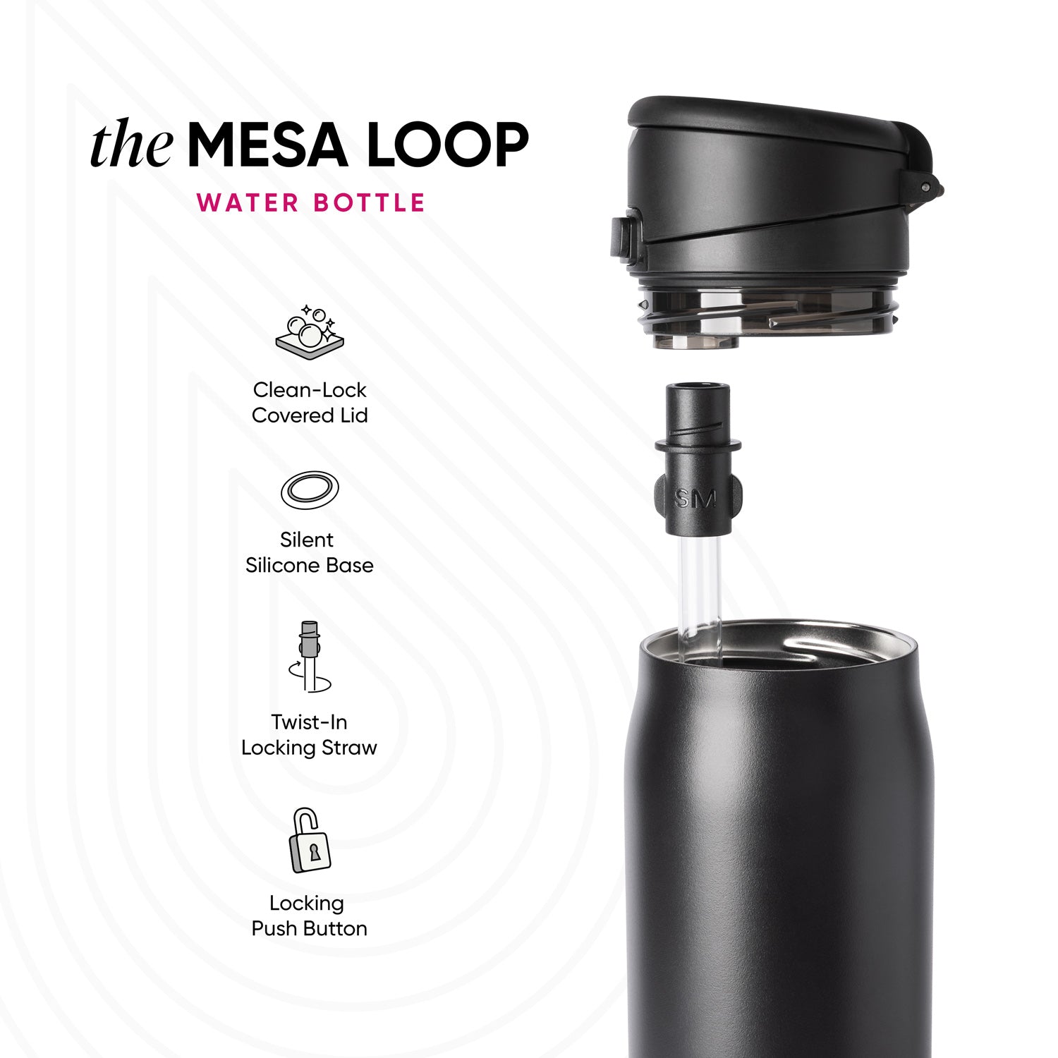 Mesa Loop water bottle in matte black with silver accents, shown at angle with removable lid. Left side displays four feature icons: Clean-Lock Covered Lid, Silent Silicone Base, Twist-In Locking Straw, and Locking Push