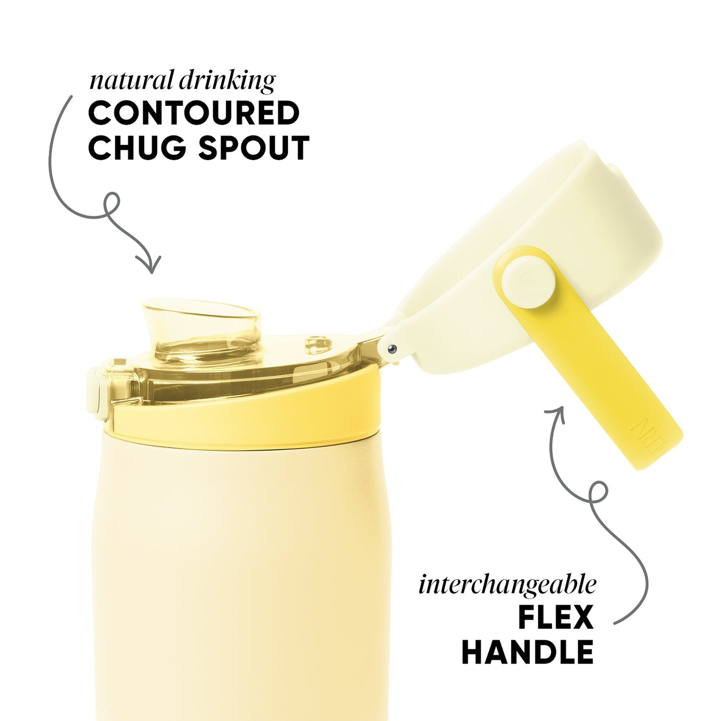 Pale yellow ceramic mug with cream accents and bright metal spout assembly, viewed against a soft neutral background.