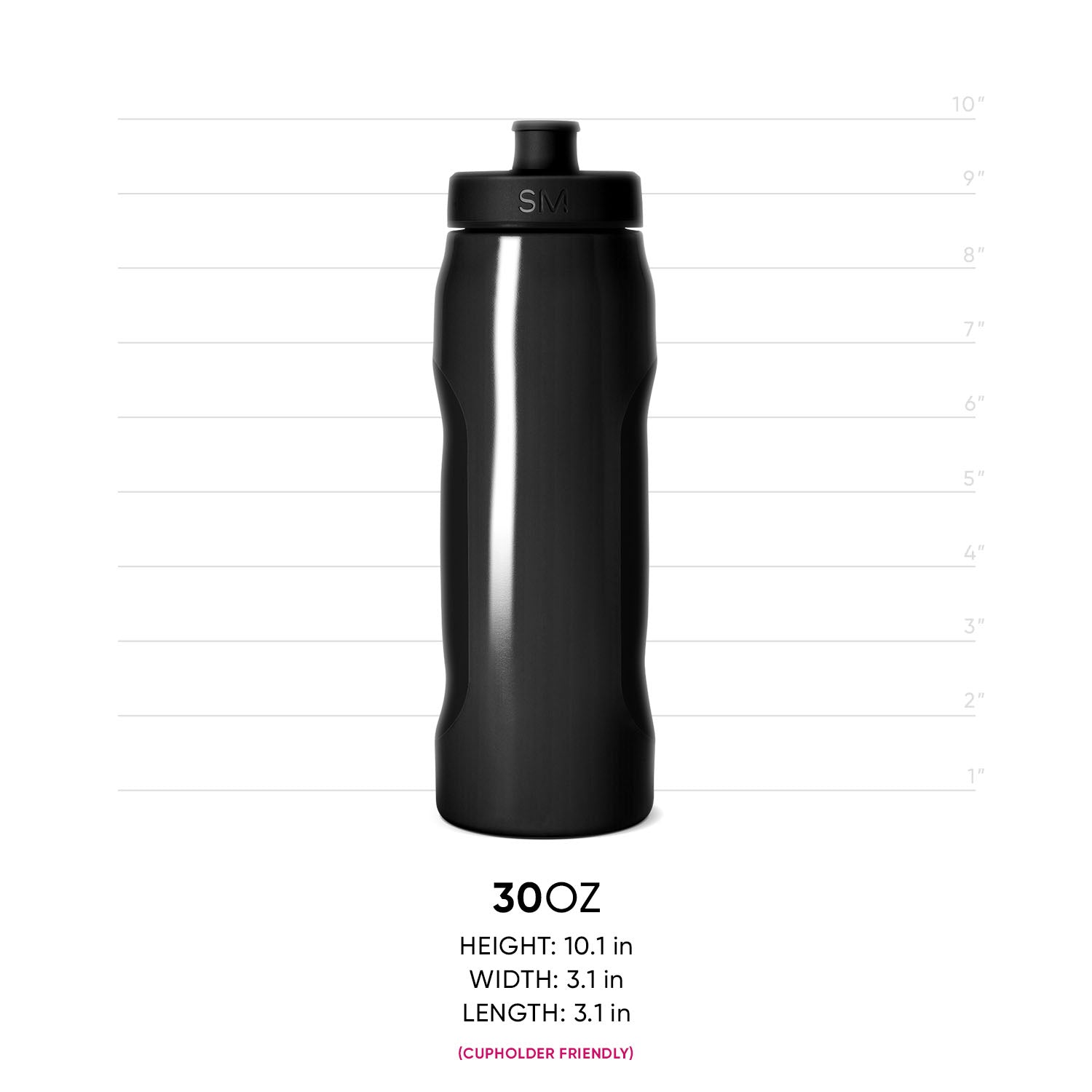 Matte black squeeze bottle with curved design and subtle reflections on white background