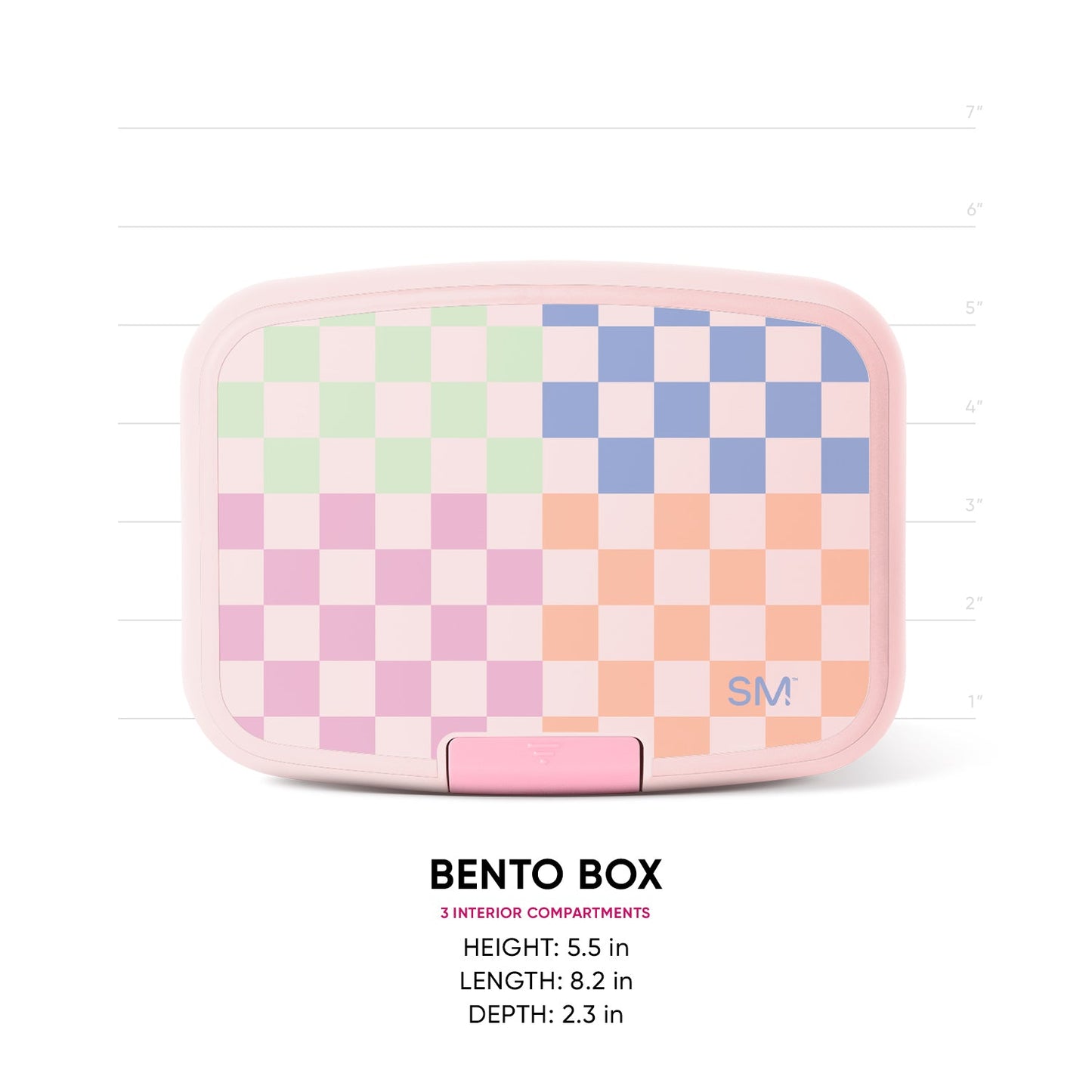 Simple Modern pink bento box with colorful checkerboard lid pattern shown at three-quarter angle with measurement scale. Product dimensions: 5 inches tall, 8.2 inches long, 2.3 inches deep. Three interior compartments.