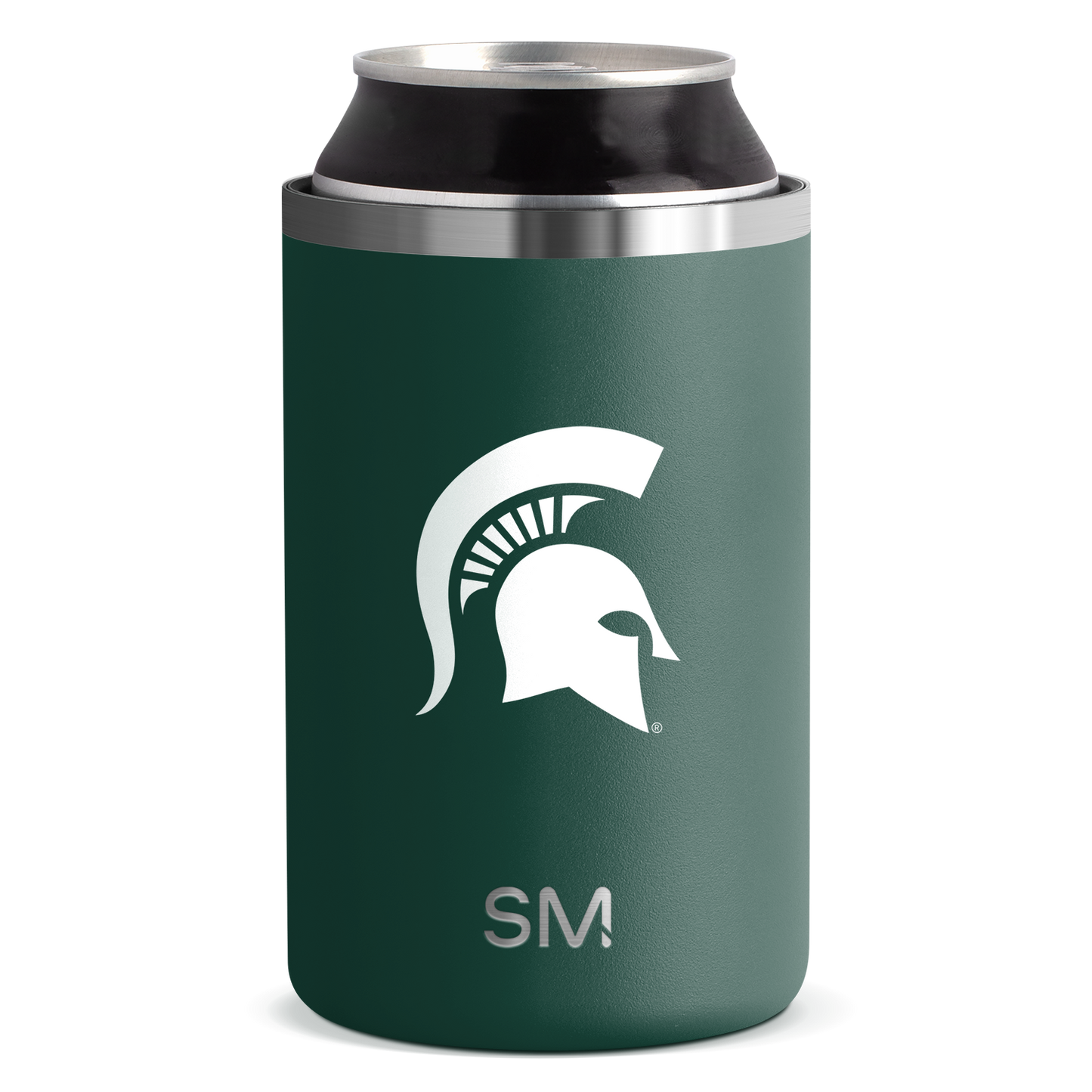 Forest green can cooler with brushed stainless steel band accents on upper rim and lower base