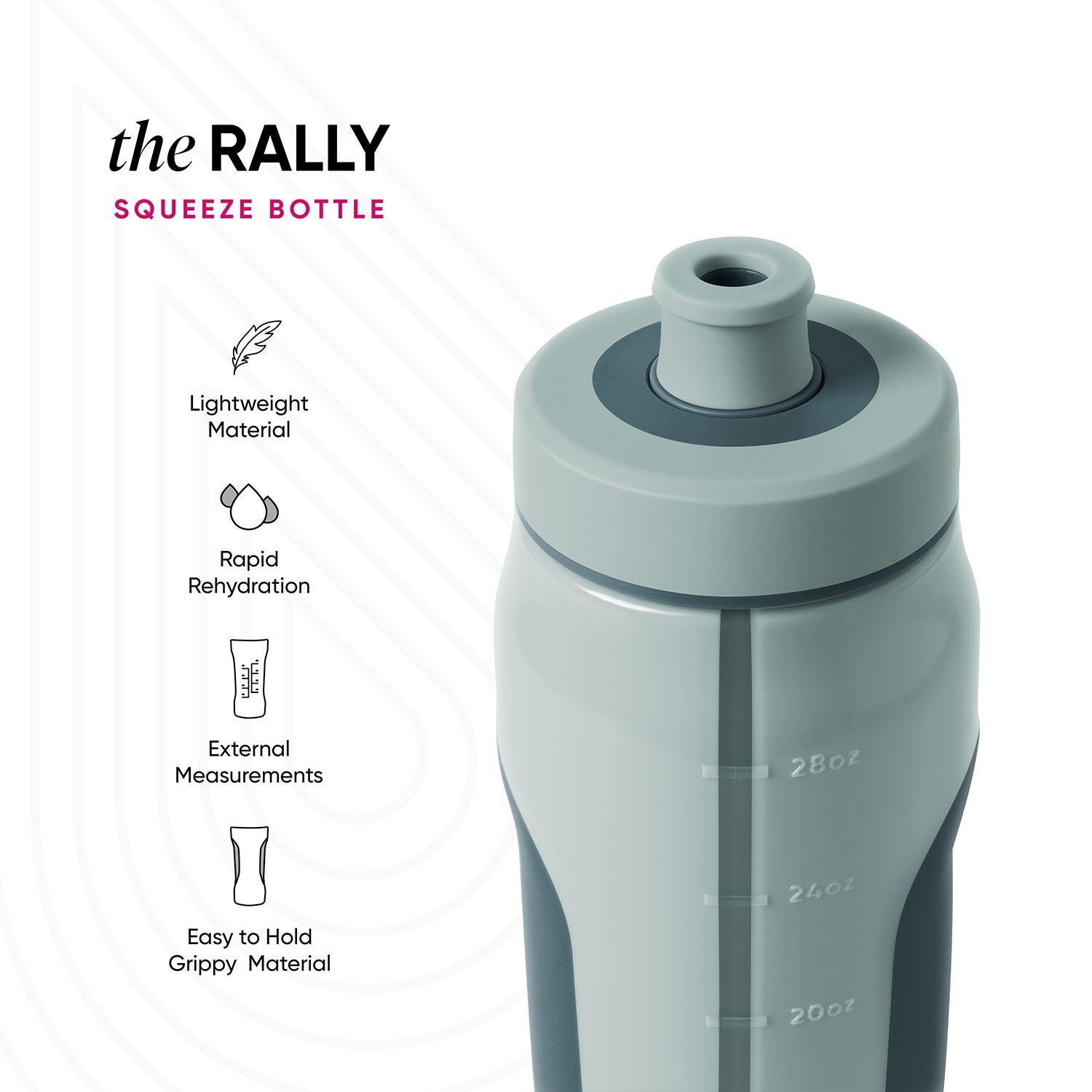Sage green squeeze bottle with measurement markings and dark teal accents on the lid ring, displayed against white background.