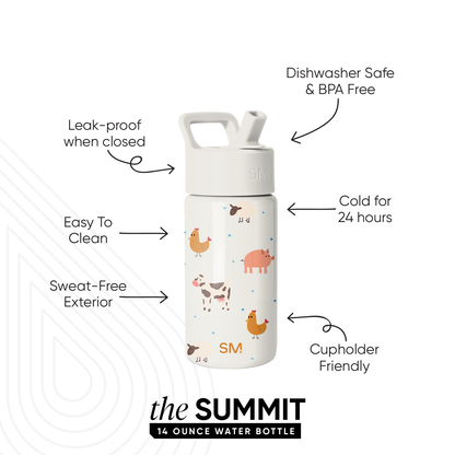 Simple Modern Summit 14-ounce white water bottle with farm animal illustrations including a cow, chickens, and pig. Product features callouts highlight leak-proof, dishwasher safe, keeps drinks cold 24 hours, and sweat-free