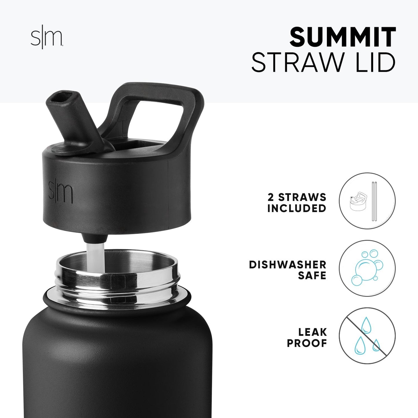 Matte black Summit Straw Lid with attached water bottle base and metallic silver-chrome band accent on white background