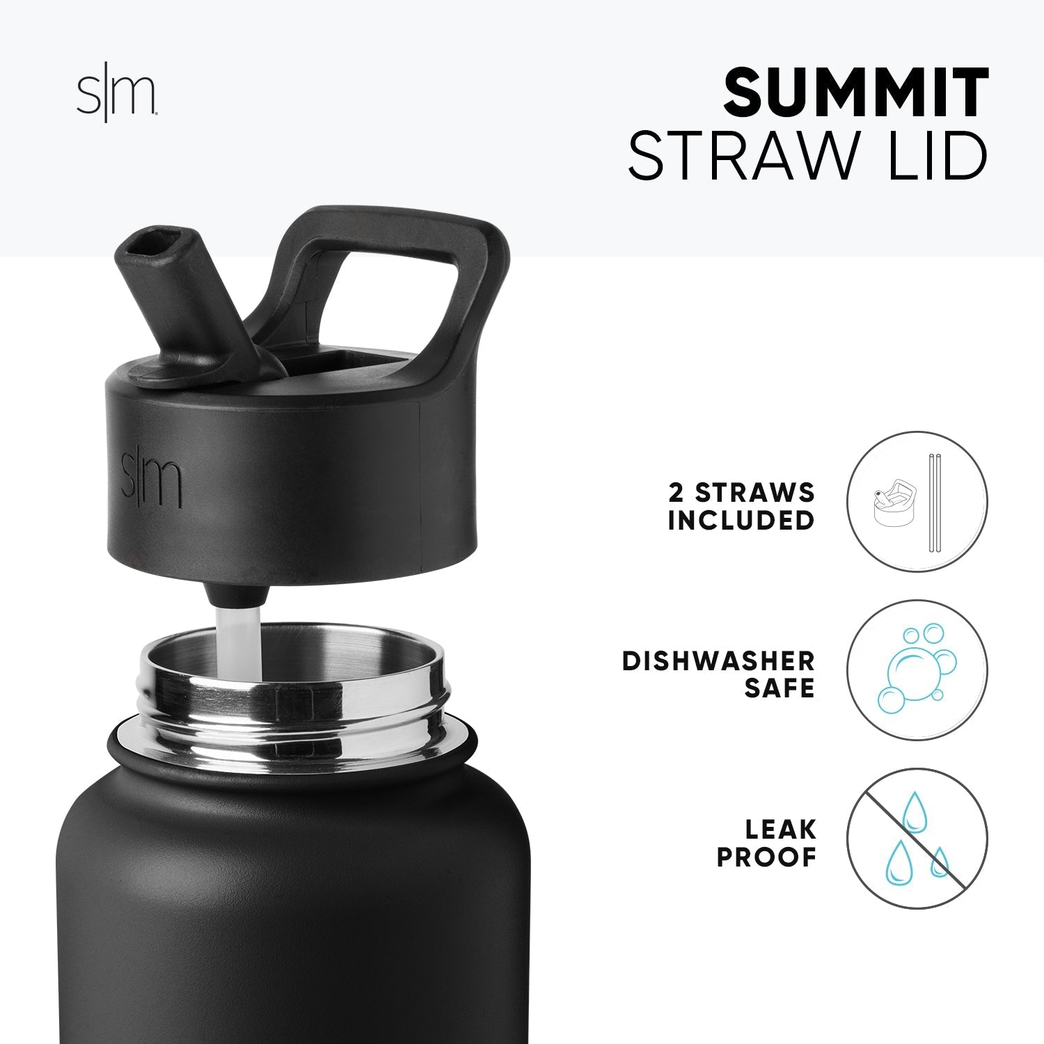 Matte black Summit Straw Lid with attached water bottle base and metallic silver-chrome band accent on white background