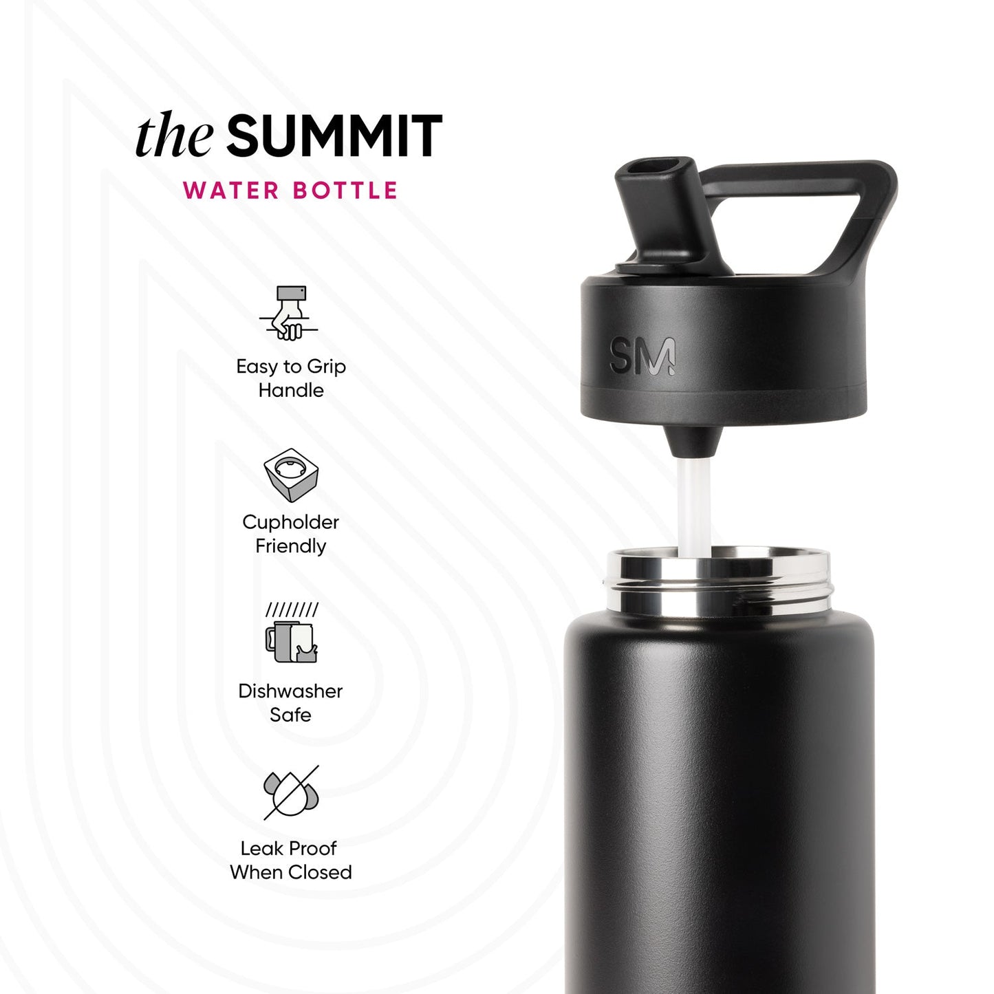 Black matte water bottle with metallic silver accents on white background