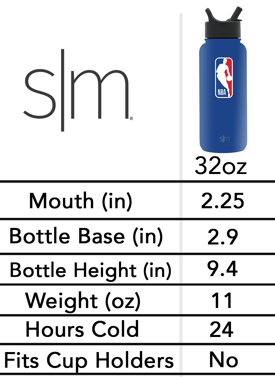 Royal blue 32oz water bottle with black cap and carry loop on white background, showing product measurements and specifications with black text and borders.