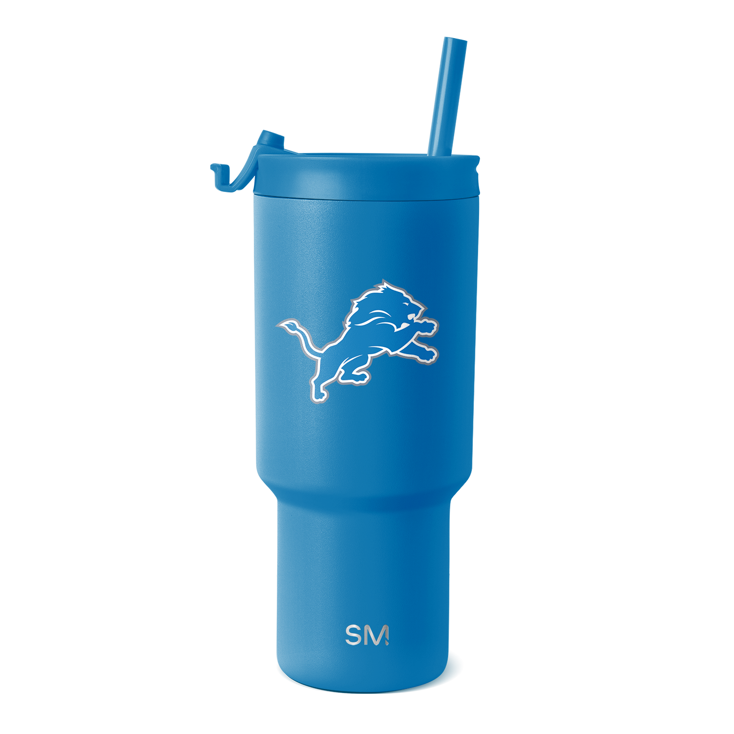 Medium blue tumbler with white logo and text accents, detailed product view