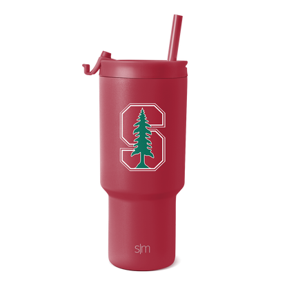 Burgundy wine-red tumbler with green and white decorative graphics on white background.