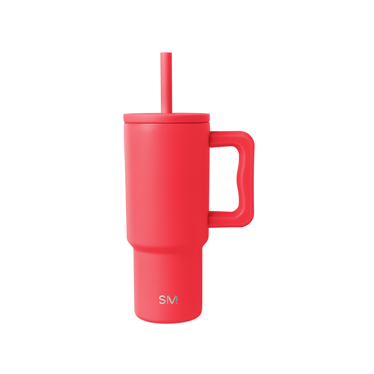 Coral-red insulated tumbler with handle and matching straw on white background. Features SM logo on front. Modern, cylindrical design with ergonomic grip. Product photography.