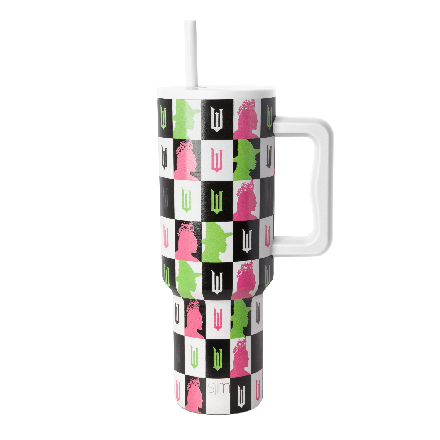 Checkerboard tumbler with hot pink, lime green, black, and white pattern on white base, includes matching white straw