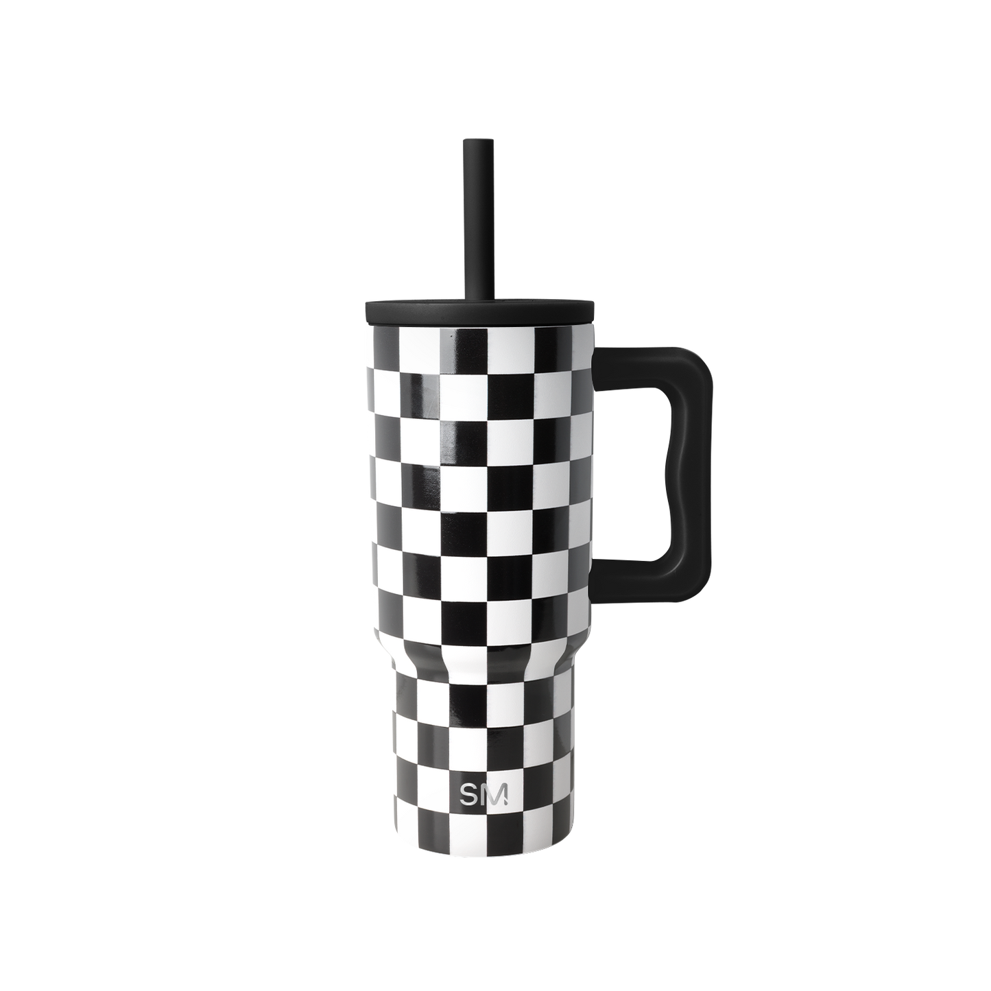Black and white checkerboard travel tumbler with black handle, lid, and straw. Simple Modern logo visible on front. Studio product photo on white background.