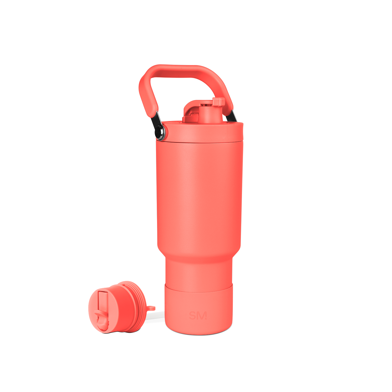 Coral-red water bottle with accessories on white background