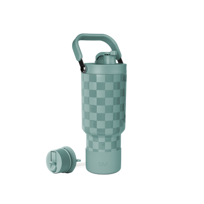 Sage green water bottle with matching lid and detachable handle, featuring a soft muted teal tone throughout the design.