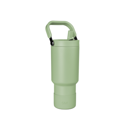 Soft sage green water bottle with handles and matching base on white background