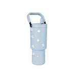 Pale blue glass bottle with white and pale yellow daisy flower motifs scattered across the surface, featuring a calming, gentle aesthetic design.
