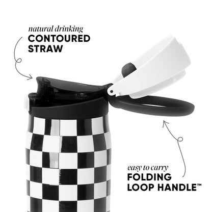 Black and white checkered Simple Modern water bottle with black lid and natural contoured straw, featuring folding loop handle, shown against white background with feature labels.